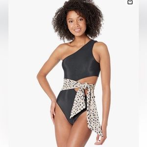 Pink Lily Tropic Sand Dunes Black Ribbed One Shoulder Tie One Piece Swimsuit New